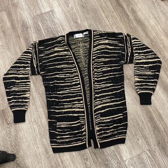 Vintage 90s JJ Browne cardigan grandpa sweater black gold metallic stripes large - Picture 2 of 8